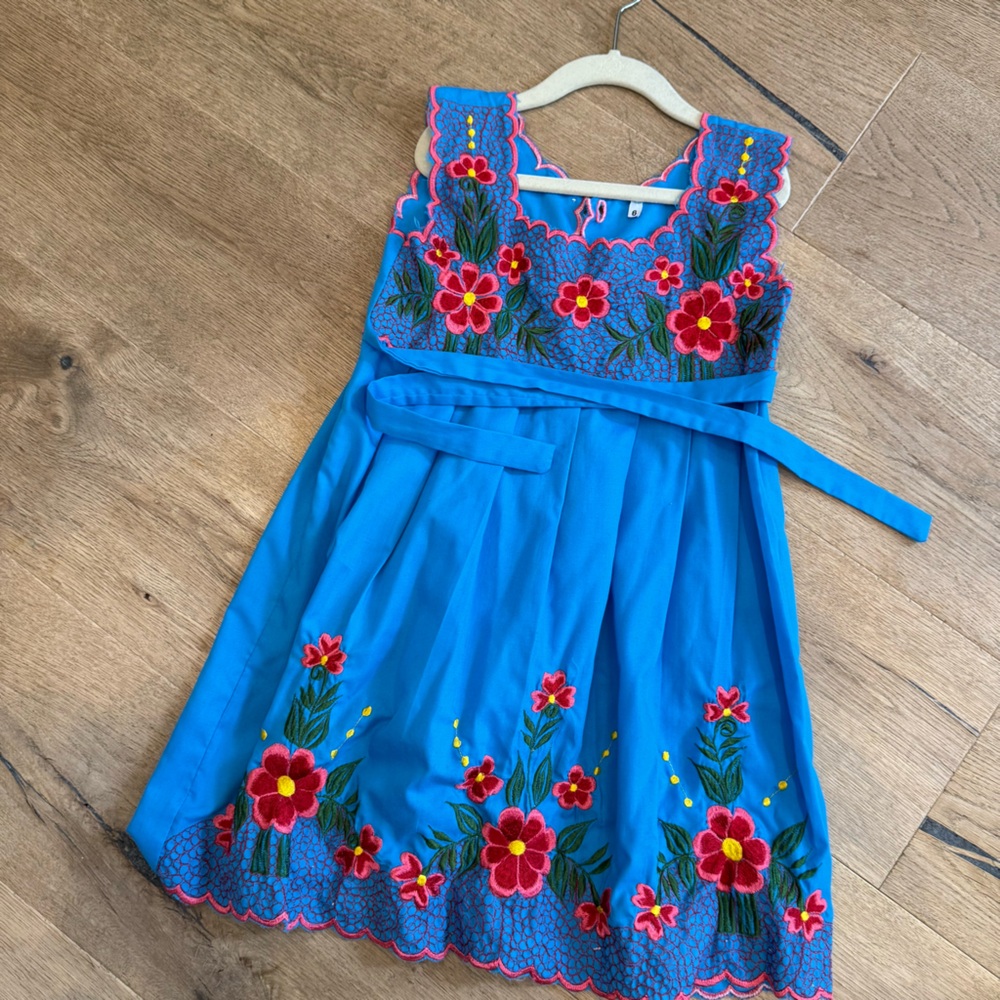 Authentic embroidered Mexican Floral Embroidered Blue Kids Dress